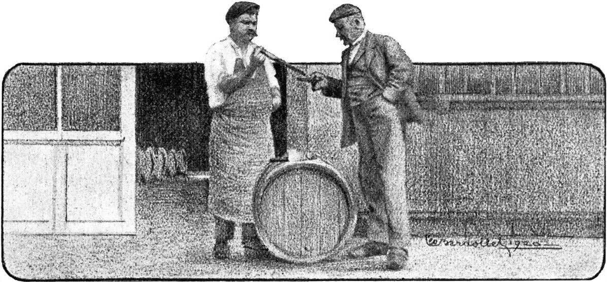Vintage image of a man with wine thief, pouring wine into a small glass for another man