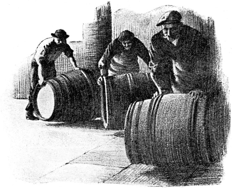 Image of 3 men rolling wine barrels in a cellar