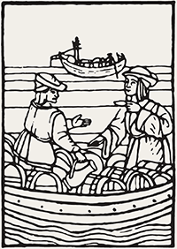 Kermit Lynch Wine Merchant Logo - wood cut of men in boat, tasting wine